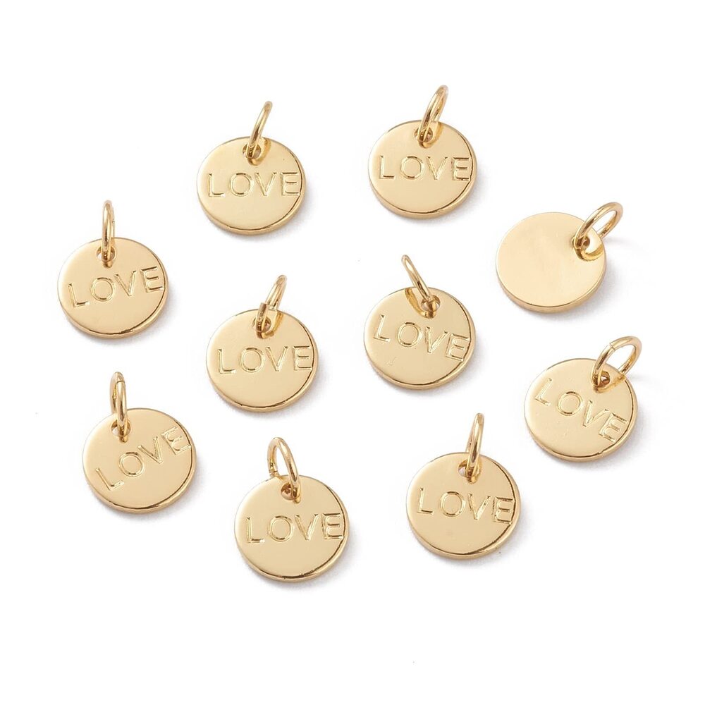 9194 20 pcs Golden Color Brass Flat Round with Word Love Charms Sweet Love